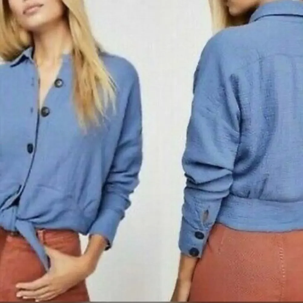 FREE PEOPLE Sun Streaks Tie Front Gauze Cotton Top Ocean Blue {3B47}